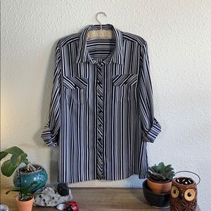 Black & White Stripe Roll Tab Sleeve Top